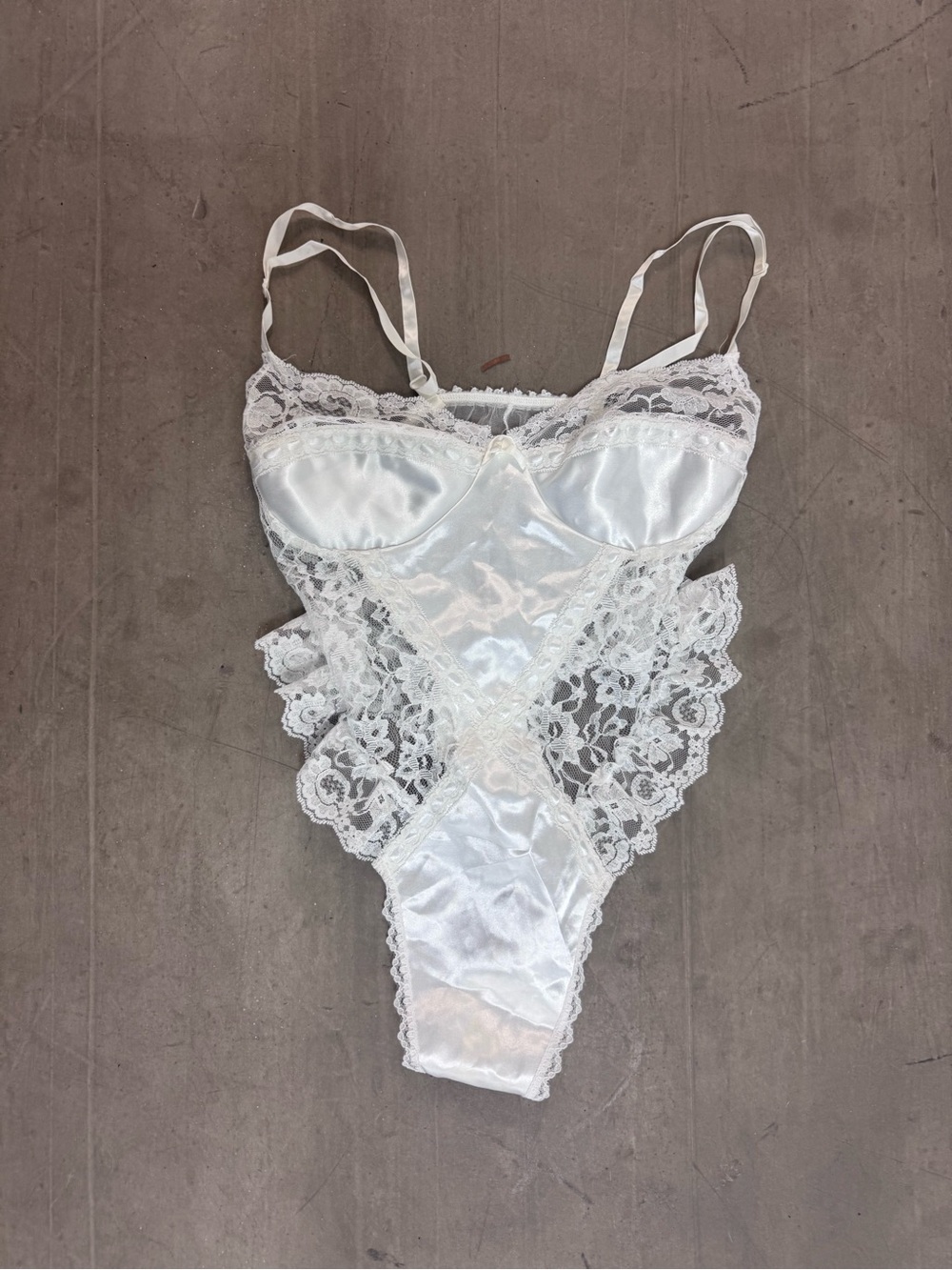 White Lace Satin Chemise Bodysuit with Sheer Lace Panels